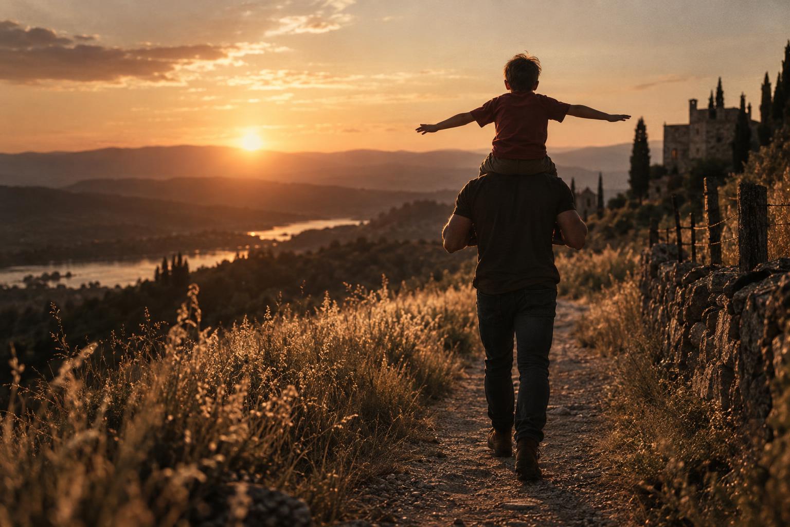A father carrying his son on his shoulders at golden hour